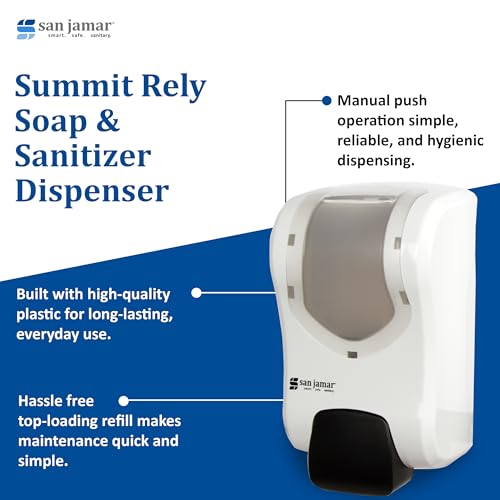 Image of San Jamar Summit Rely Soap Dispenser - 900mL Liquid Dispenser Polymer Refillable Pump, Adhesive or Screw Mount Bulk Compatible, White Clear