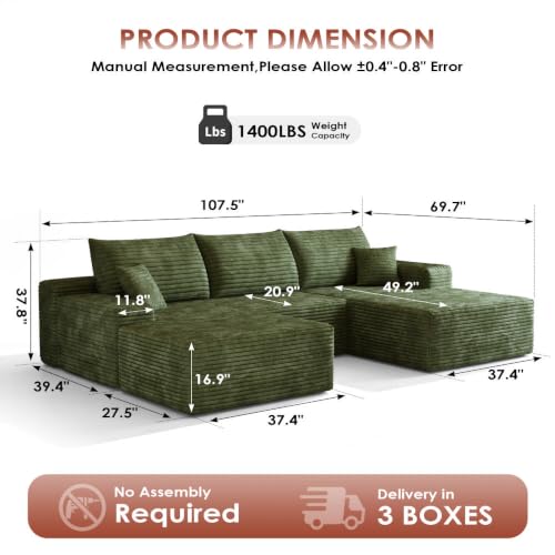 Image of Boneless Couch, Modular Sectional Couches for Living Room, U-Shaped Cloud Couch Sofa with Deep Seat, Fluffy Corduroy Upholstered Corner Sofa