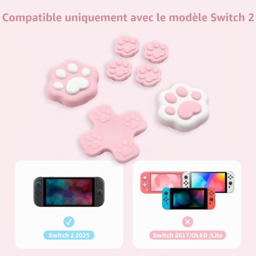 GeekShare Cross D-Pad Lot de capuchons de touches en silicone pour Switch 2, autocollants ABXY, accessoires de protection antidérapants et confortables (patte de chat rose/blanc) – vue 2