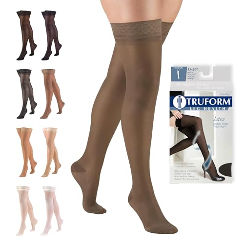Image of Truform Sheer Compression Stockings, 15-20 mmHg, Women's Thigh High Length, 20 Denier, Espresso, Medium