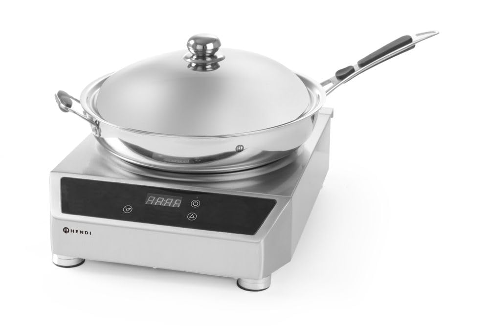 HENDI Induktionswok mit Induktionswokpfanne, ø380mm, mit einfach zu reinigendem Fettfilter, Digitale Regelung von Leistung, 230V, 3500W, 340x459x(H) 120, Edelstahl
