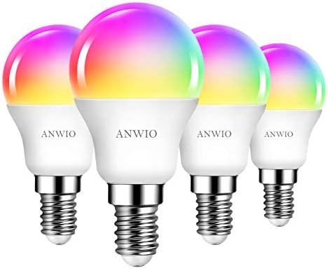 ANWIO E14 WiFi Smart Golfball LED Bulb, Alexa Golf Bulb Work with ,Echo, Google Assistant ,470Lm, 5W Replace 40 Watt, E14 RGB WiFi Colour Changing Led Light, Dimmed TUYA / Smart Life Bulbs (4 Pack)