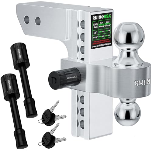 Image of Rhino USA Adjustable Trailer Hitch (2-Inch Receiver) - Heavy Duty Aluminum Tow Hitches with 8-Inch Drop /Rise for Truck (12,500 LBS GTW) - Weatherproof Double Anti-Theft Locking Hitch Pins (Silver)
