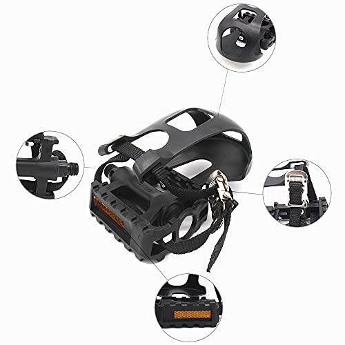UFANME Bike Pedals, Bicycle Pedals Fitness Exercise Spin Bike with Toe Clips Cage and Straps for Outdoor Cycling and Indoor Stationary Bike 9/16-Inch Spindle Resin/Alloy Bicycle Multi-Purpose Pedals