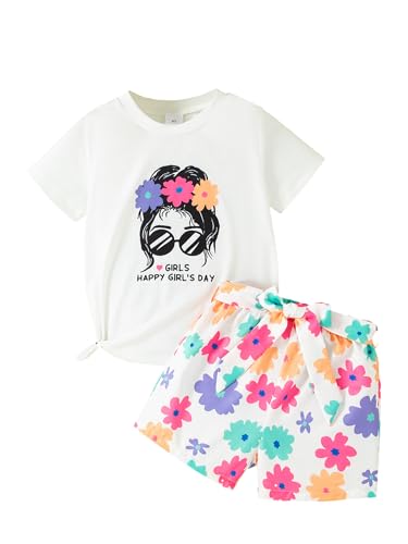 Image of Girl's 2 Pcs Outfits Short Sleeve Graphic T-Shirt Top and Paperbag Waist Shorts Set with Belt