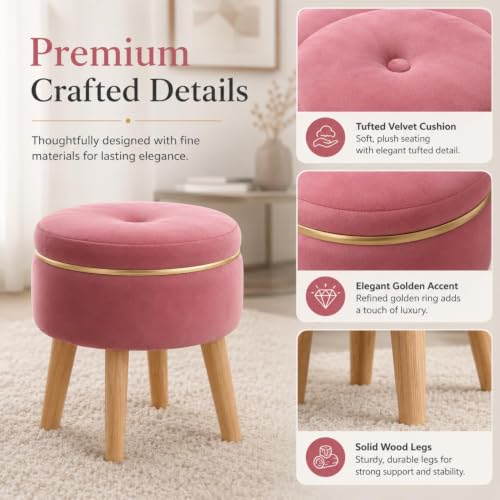 Image of Ottoman Stool for Living Room Foot Rest | Velvet Small Ottoman Foot Stool | Solid Wood Legs | Footstool Puffy for Home, Bedroom & Makeup Table | 30 x 30 cm (12 x 12 Inch) | Gajri