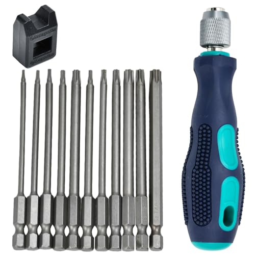UHETLET 12 PCS Destornilladores Torx T6-T40, Juego de Destornilladores Magnéticos de 1/4 (100 mm), Juego Destornillador Torx con Agujeros de Acero S2 para Atornillador Eléctrico o Manual