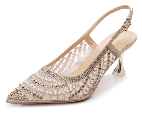 VenusCelia Women's Charming Lady Slingback Pump Shoe (7.5 M US,Gold Studded)