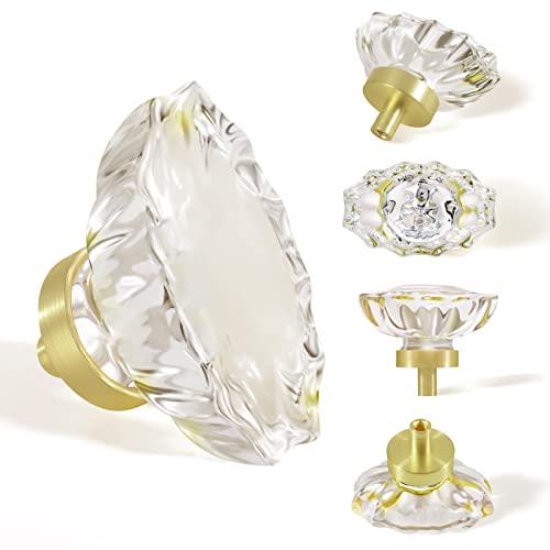 SHINY HANDLES Satin Brass Glass Cabinet Knobs,Clear Crystal Drawer Pulls and Knobs,Gold Cabinet Knobs for Dresser(Oval,4 Pack)