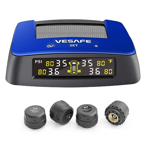 VESAFE Wireless tire Pressure Monitoring System, TPMS, with Solar Charger, Different high/Low Pressure Limits for Two axles, auto Sleep Mode, only Work with Cars, not Work with Camping Vehicles