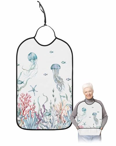 LEOKOTI Coastal Nautical Adult Bibs for Eating, Waterproof Bibs with Food Catcher & Adjustable Snap Closure, Summer Beach Sea Coral Ocean Nautical Washable Clothing Protectors Adult Bibs for Elderly