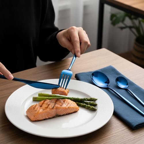 Image of 12 Pcs Blue Slim Handle Stainless Steel Cutlery Set for Dining Table with Spoons and Forks Set + Butterknives - The Perfect Tableware /Flatware