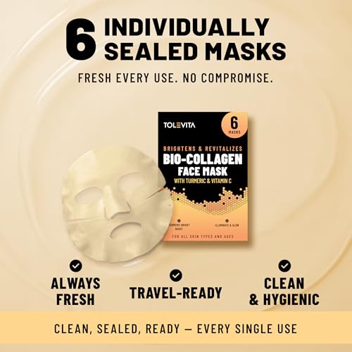 Image of TOLEVITA Turmeric & Vitamin C Bio-Collagen Face Mask for Brightening & Radiance - 6 Pack, Overnight Hydrogel Mask for All Skin Types (Yellow)