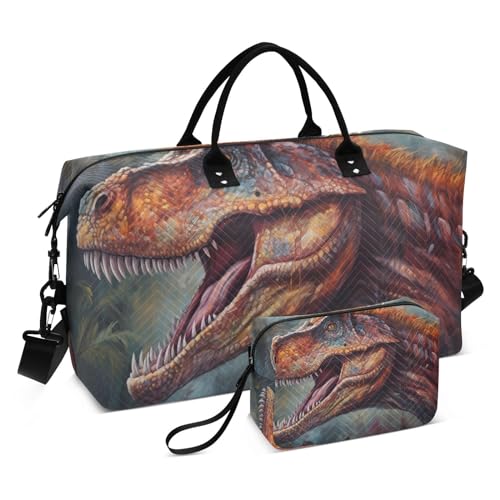Large Travel Duffel Bag, Roaring Dinosaur Sports Tote Gym Bag, Shoulder Weekender Overnight Bag for Women Men, Carry On Luggage with Toiletry Bags