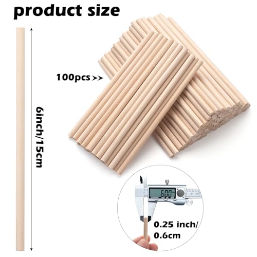 ONUPGO 100 PCS Dowel Rods - 1/4 X 6 Inch Unfinished Round Wood Dowels for Crafts Cake, Cotton Candy Sticks - Image 2