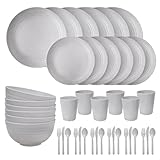 EI 42pcs Wheat Straw Dinnerware Set,Unbreakable Reusable Plastic Plates,Grey Plates and Bowls Setsfor Family Dinner,Camping,Picninc
