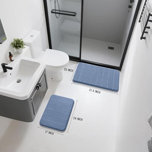 Image of Yimobra Memory Foam Bathroom Rugs Sets 2 Piece - Super Soft Absorbent Quick Dry Bath Mat Set, Machine Washable Non Slip Floor Carpet for Tub Shower & Single Sink (17x24 & 31.5x20 Inch, Denim Blue)