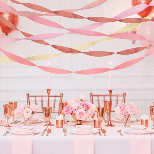 Image of Crepe Paper Streamers Party Decorations, 6 Rolls Pink Rose Gold Party Streamers for Wedding, Birthday, Bachelorette, Baby Bridal Shower Party Decorations