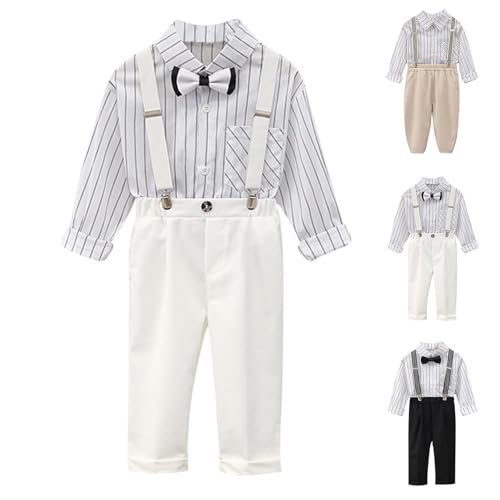 Baby Boys Dress Suit Toddlers Bowtie Striped Shirts and Suspender Pants Special Occasion Gentleman Outfits for 1-12 Years2