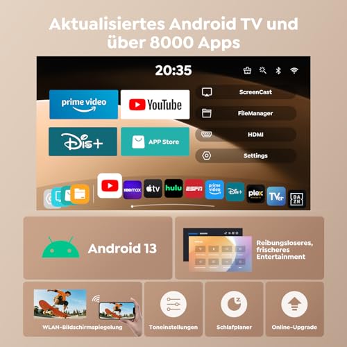 TOPTRO Mini Beamer 4K 1080P Unterstützt [Android 13 & 270° Drehbar] Smart Beamer Klein mit WiFi 6 Bluetooth 5.4, Tragbarer Projektor Heimkino Outdoor mit Auto Trapezkorrektur für HDMI/Android/iOS/PC/USB - Detailansicht 2 | Tages Deals