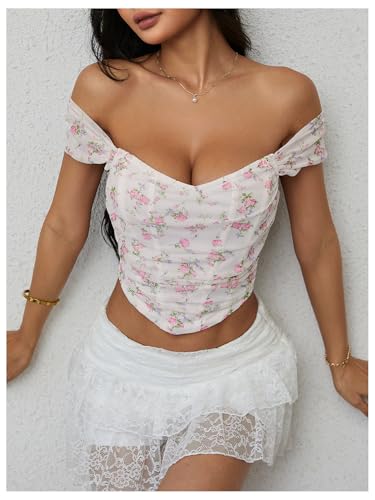 Image of Floerns Women's Off Shoulder Short Sleeve Asymmetrical Hem Ruched Corset Crop Top
