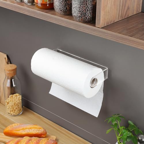 Image of ZUNTO Acrylic Paper Towel Holder - Adhesive Paper Towel Roll Holder Under Cabinet, Clear Plastic Wall Mounted Paper Towel Rack for Kitchen, Frees up Counter Space