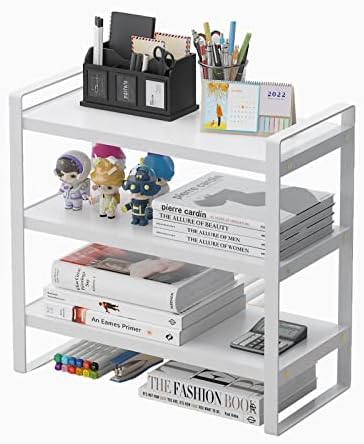 feejee 3 Tiers Desktop Shelf Organizers and Storage with Metal Frame Wood Board Racks for Office, Dorm, School Small Display Shelves Mini Bookshelf Corner Shelving (Frame White&Tier White, 3 Tiers)