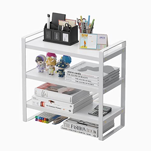 Feejee 3 Tiers Desktop Shelf Organizers And Storage With Metal Frame Wood Board Racks For Office, Dorm, School Small Display Shelves Mini Bookshelf Corner Shelving (Frame White&Tier White, 3 Tiers) #TOP2
