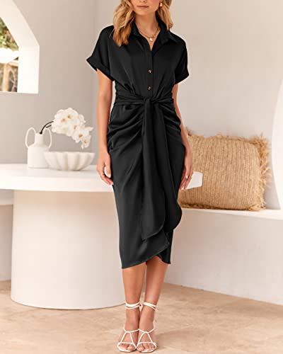 Btfbm Women 2023 Button Down Ruched Shirt Dresses Short Sleeve Lapel V Neck Elegant Party Spring Summer Maxi Satin Dress(Short Sleeve Black, X-Large) #TOP7