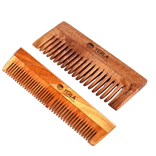 Image of YERLA Handmade Kacchi Neem Wooden Comb Set for Women & Men | Herbal Hair Growth Comb Infused with 17 Herbs & 4 Natural Oils | Anti-Dandruff, Frizz Control & Shine | Multi-Size Wooden Comb Combo (Pack of 2)