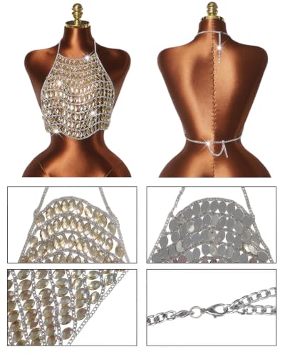 Image of AIBEARTY Women's Sexy Multi-Layer Metal Chain Crop Tops Hollow Out Halter Backless Tassel Camisoles for Rave Party Club