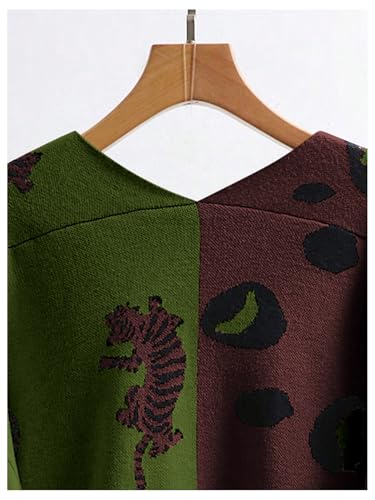 Image of WDIRARA Women's Leopard Tiger Print Cardigan V Neck Long Sleeve Color Block Button Down Sweater Outwear