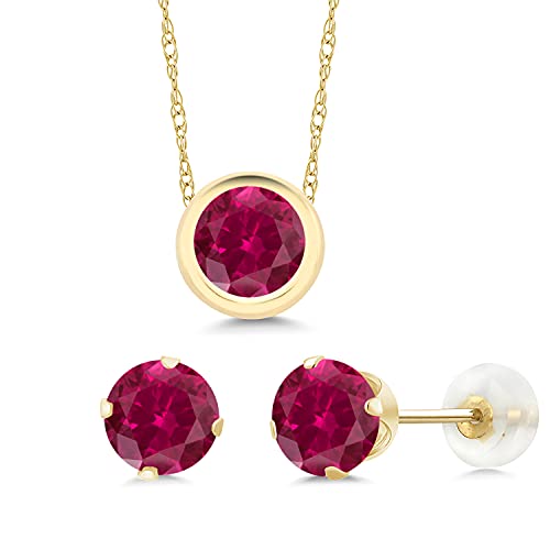 Gem Stone King 14K Yellow Gold Red Created Ruby Pendant Earrings Set For Women (3.00 Cttw, Round 6MM with 18 Inch Chain)