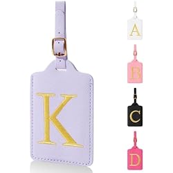 Personalized Initial Luggage Tags for Suitcases,Leather Letter Cute Luggage Tags with Privacy Name Card,Embroidered Monogrammed Travel Bag Backpack Tag Gifts for Women Kids Girls Teens(Purple-K)
