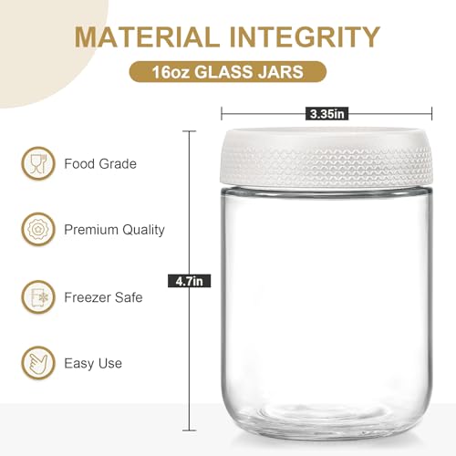Image of NETANY 6-pack 16oz Glass jars with Airtight Lids, Overnight Oats Containers with Lids, Wide mouth Mason Salad jars, Glass Food Storage Containers for Snacks Yogurt Spice Sugar-White