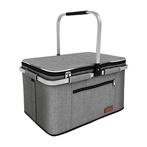 LIQING 35L Large Picnic Basket 2 Layers of Internal Pockets Leak-Proof and Insulated ，Folding with Internal Support for enhansed Stability, Wedding Gifts for Couple(Grey) by LIQING - Used condition - US$23.33
