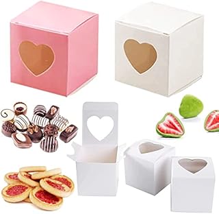 40 Pieces 5cm Candy Gift Boxes, Candy Packing Boxes, Paper Gift Candy Box, Mini Cake Bakery Box, Small Cupcake Boxes, Carrier Individual Containers with Heart Window for Party, Wedding (Pink, White)