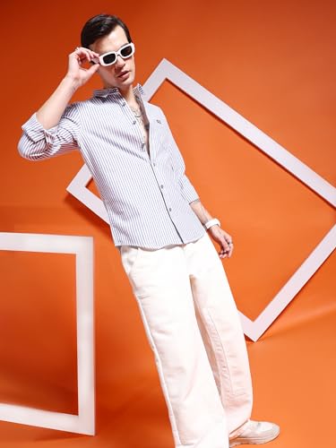 Image of The Indian Garage Co Men Slim Fit Striped Full Sleeves Cutaway Collar Casual Shirt