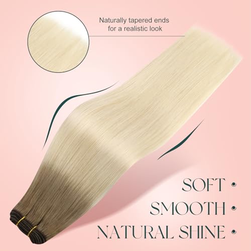 Image of Easyouth 22 Inch Weft Human Hair Extensions Ombre Weft Hair Extensions Human Hair Balayage Ash Brown Fading to Platinum Blonde Human Hair Extension Sew in Add Length and Volume 100G
