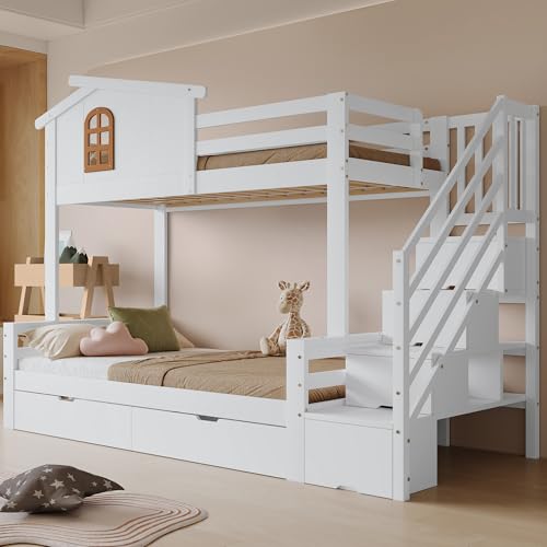 Laxnb Kinderbett Bett 90x200 & 120x200 cm Etagenbett 2 Kinder, Hochbett mit Stauraum Treppe, Hausbett mit Stauraum 2 Schubladen, Holzbett Kinderbett...