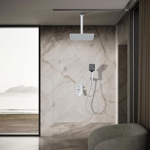 JQBQS Shower System Modern Rain 8 inches Brass Faucet Set With Valve and Diverter Shower Mixer With Handheld High Pressure Square Rainfall Shower Valve (12'' Ceiling Mount, Chrome Polished) — view 6