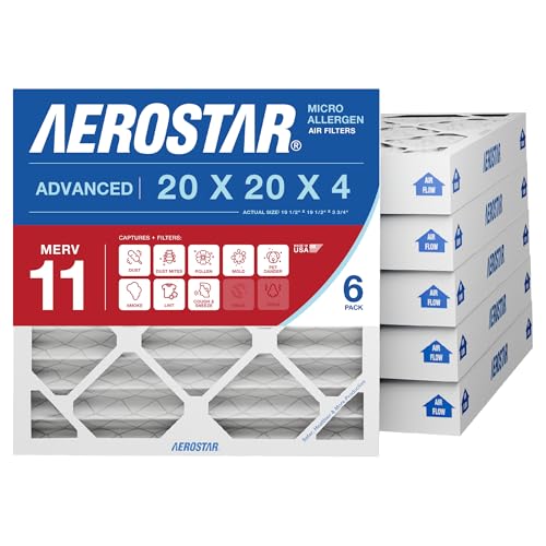Aerostar 20x20x4 MERV 11 - 6 Count - Pleated HVAC Furnace & Air Conditioner Filters - Removes Dust Cold & Flu Germs Lint Mold Pet Dander Allergy-Causing Pollen Smog & Smoke