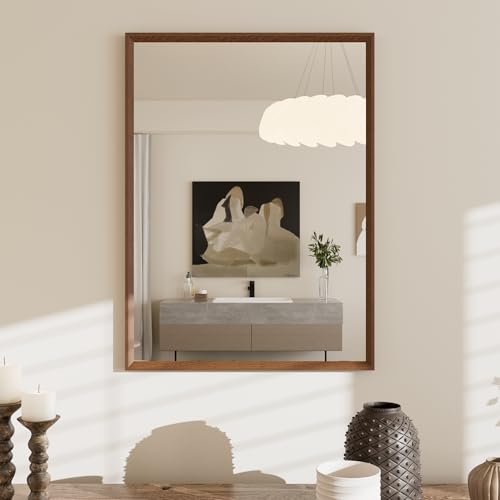 WEER Espejo Baño Vintage 50 x 70 cm Marco Polímero Pared Rectangular con Efecto Madera Impermeable