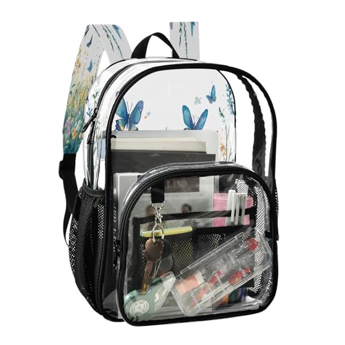 Wildflowers and Butterflies Clear Backpack - Stadium Approved Large 15.7-inch Waterproof Transparent Bag for Sports, Concerts, Work, Travel#2962