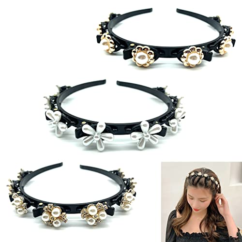YANRU 3 pcs,MäDchen Haarreifen Mit Klammern,Bangs Hairstyle Hairpin ,Haarspange Mit Perlenstirnband,Prinzessinnen-Haarband FüR Frauen, Rutschfestes Elastisches Haarband FüR Frauen MäDchen,3 Muster Cover