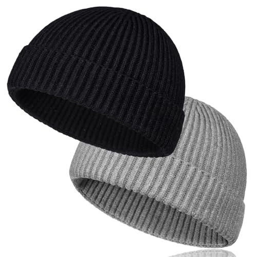 TSKNOMO 2 PCS Wool Short Fisherman Beanie for Men, Soft Knit Cuff Trawler Beanie Caps Winter Warm Hats for Women