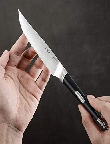 linoroso Steak Knives Set of 4 Sharp Forged German Stainless Steel Semi Serrated Steak Knife Set with Exquisite Beech Wood Knifes Block Ergonomic Handle - MAKO series