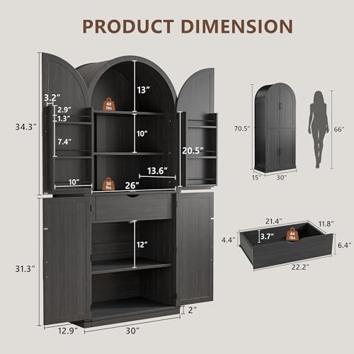 Image of iPormis 71 inch Tall Arched Cabinet with Doors, Farmhouse Kitchen Pantry with 6-Tier Door Shelves & Drawer & Adjustable Shelves, Modern Wood Storage Cabinet for Dining, Living Room, Bathroom, Oak Grey