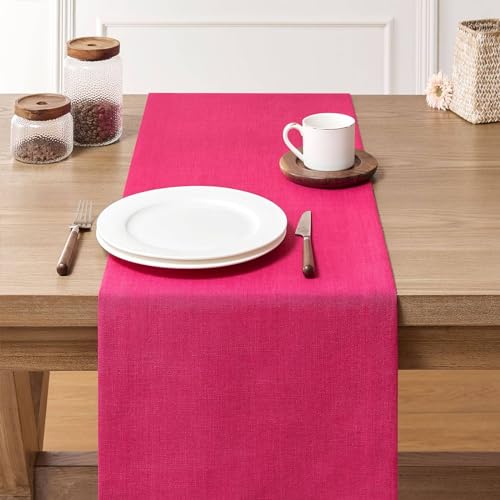 Image of ZeeMart Linen Textured Border Table Runner, 14 x 90 Inch Hot Pink | Mitered Corner Design, Medium Weight Fabric, Modern Farmhouse Style, Machine Washable Easy Care Everyday Table Scarf