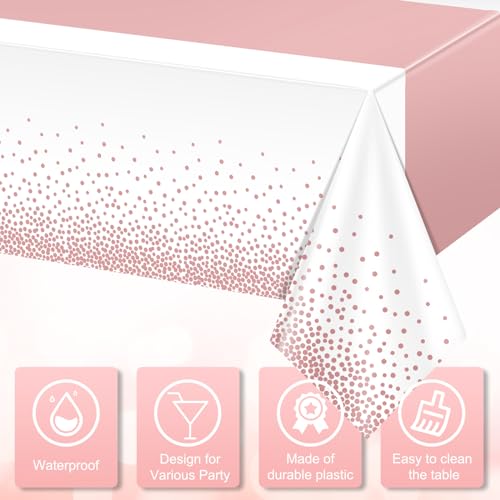 Image of 1Pcs White and Rose Gold Tablecloth Party Decorations,Plastic White Table Cloth Printed Rose Gold Table Runner Disposable Rectangle Cover for Birthday Anniversary Wedding Grad Party,54 x108 Inch